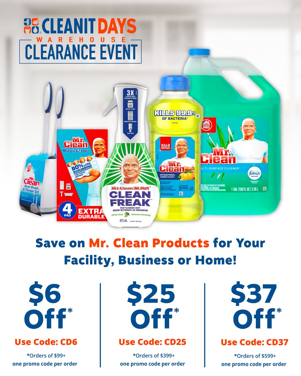 Stock Up on Mr. Clean Products During Our CleanIt Days Warehouse Clearance Event!

Limited Time Price Reductions on 1000's of Top Wholesale Products Plus Choose Big Savings Off Your Order! - Hurry, Offers for a Limited Time Only

cleanitsupply.com/c-2405/mr-clea…