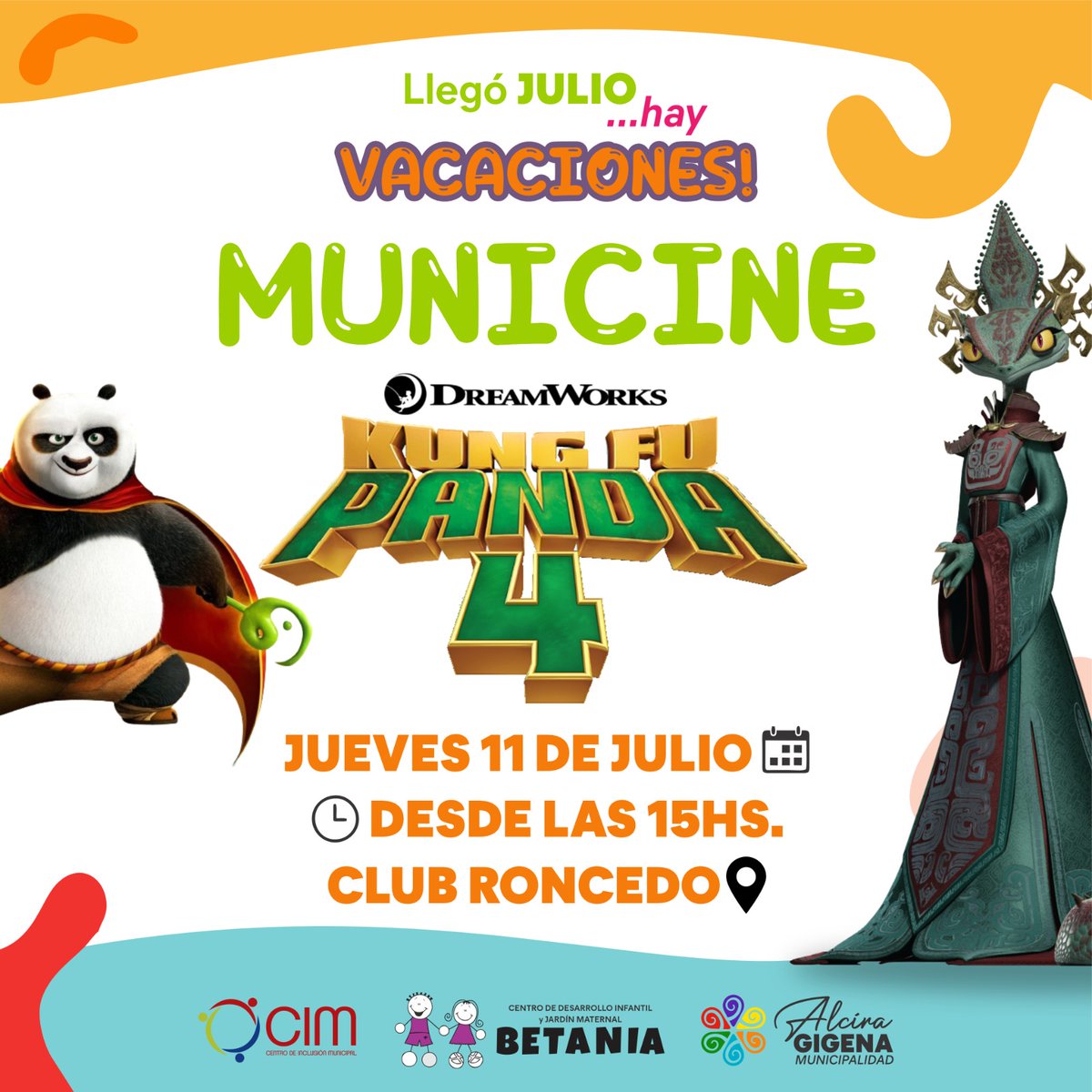 MunicAlcira's tweet photo. En Alcira, seguimos disfrutamos juntos las vacaciones de invierno, con una nueva propuesta:
🎬MUNICINE : Proyectaremos ¡Kung Fu Panda 4! 🐼🥋
🕒 Jueves 11 de julio, a partir de las 15 hs.
📍 En el Club Roncedo.
🎟️ Entrada libre y gratuita para toda la familia. https://t.co/mO0Bjj8kA9