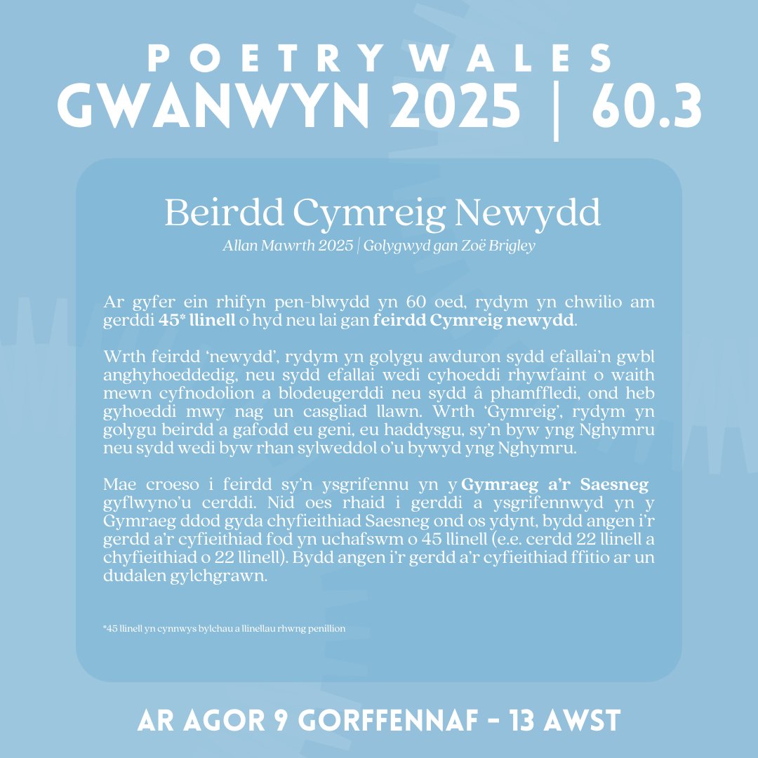 Submissions are OPEN for Poetry Wales 60.2 and 60.3 until 13th August!

Find out more and submit your work: poetrywales.co.uk/submissions/

To get submissions updated in your inbox on the day we open the window, sign up to our newsletter:  eepurl.com/dsVUmD

Pob lwc!