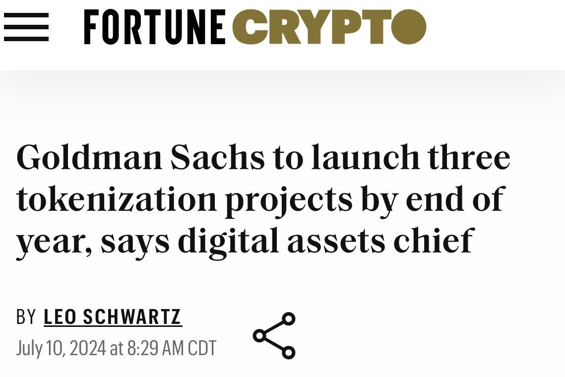 Goldman Sachs* to launch three tokenization projects… Paying attention yet?  via @leomschwartz