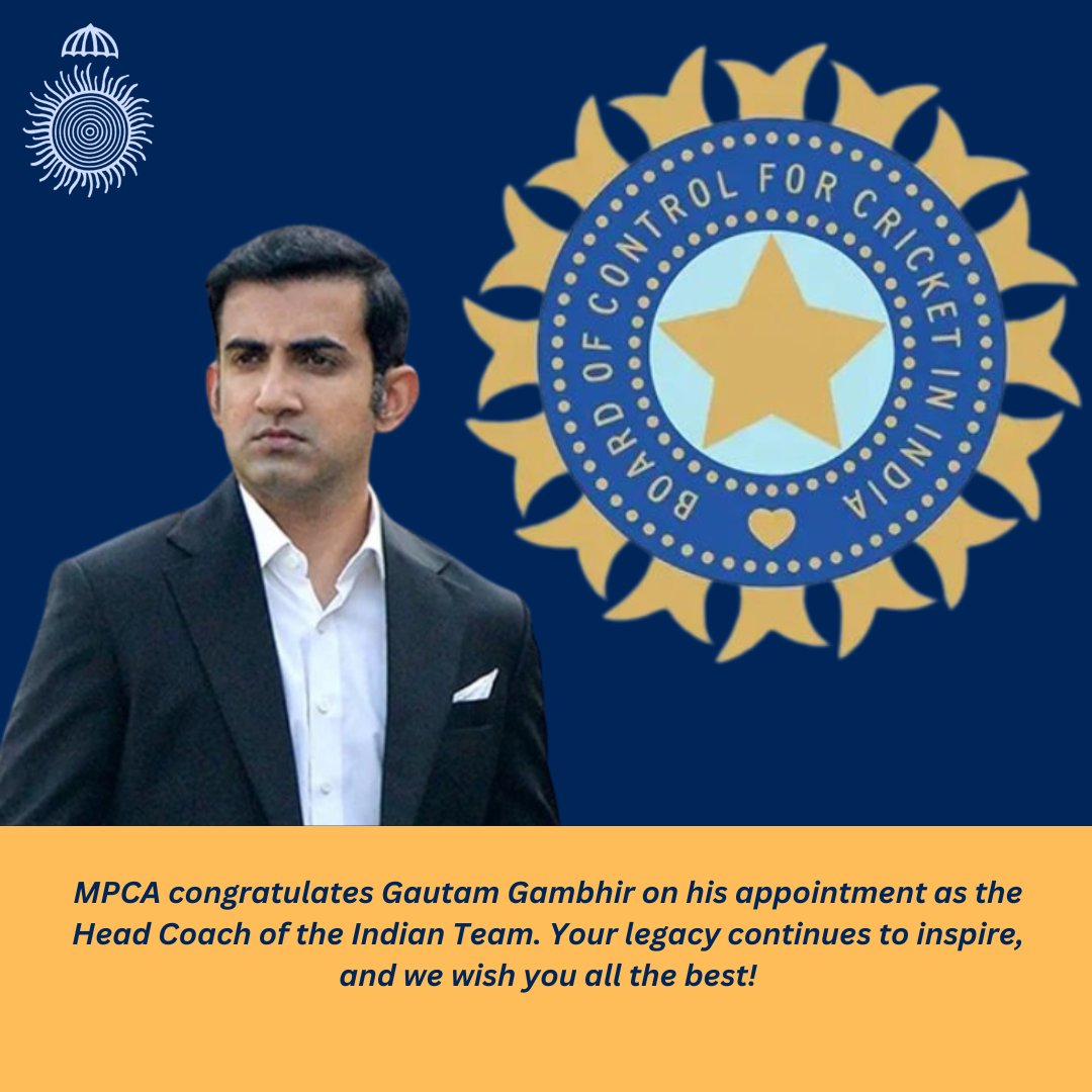 MP Cricket Association (@mpcatweets) on Twitter photo Wishing <a href="/GautamGambhir/">Gautam Gambhir</a> all the best in his new role as Head Coach of the Indian Team!
.
.
.
.
.
#IndianCricket #MPCA #BCCI Wishing <a href="/GautamGambhir/">Gautam Gambhir</a> all the best in his new role as Head Coach of the Indian Team!
.
.
.
.
.
#IndianCricket #MPCA #BCCI