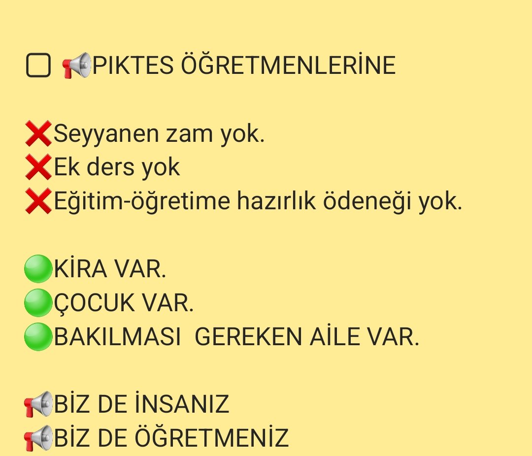 Kpss+mülakat+güvenlik soruşturması ile görevlerine başlayan,8 yıldır en zor şartlarda görevlerini en güzel şekilde yapan Piktes Öğretmenleri geçinemiyor. Haftada 30 saat derse giriyoruz. Ek ders ücreti yok,sınav görevi yok, Eğitim-Öğretime hazırlık ödeneği yok,kurs açma hakkı
