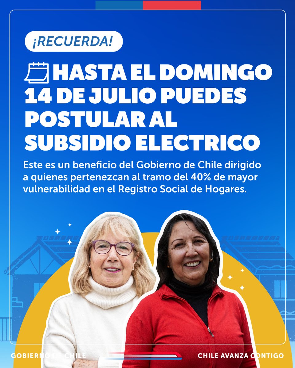 MinEnergia's tweet photo. ¡No lo dejes para última hora! Hasta este domingo puedes postular al #SubsidioEléctrico. 💡⚡️

Debes tener a mano tu número de cliente, tu ClaveÚnica, un correo electrónico o número de teléfono.

Encuentra todos los detalles del proceso de postulación en📲https://t.co/MYRhcNJQP4 https://t.co/PQaDtKL61T