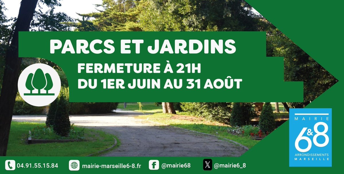mairie6_8's tweet photo. #ParcsetJardins | Pendant l'été 🌳, l'ouverture de nos parcs et jardins est prolongée jusqu'à 21h pour permettre aux Marseillaises et Marseillais de profiter des espaces verts de la ville, en soirée, et se retrouver en familles ou entre ami(e)s 🍷🥪 !
👉Du 1er juin au 31 août https://t.co/PsQATF7YCV