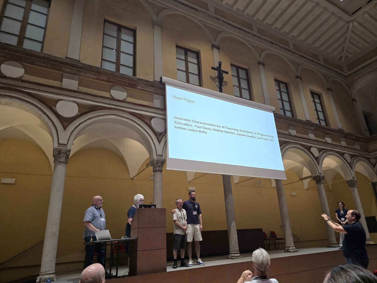 Well-deserved #iticse2024 best paper award goes to "Desirable Characteristics for AI Teaching Assistants in Programming Education" by Paul Denny, Stephen MacNeil, Jaromir Savelka, Leo Porter, and Andrew Luxton-Reilly, a nice bridge from CS Education to ITS
doi.org/10.1145/364921…
