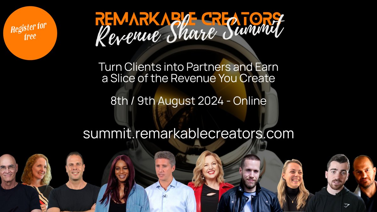 I'm thrilled to announce Revenue Share Summit for the 8th-9th August

go.remarkablecreators.com/tim

These incredibly generous speakers share how you can supplement or replace your fee based clientele with revenue share, royalties or equity deals.

Free to attend - feel free to share