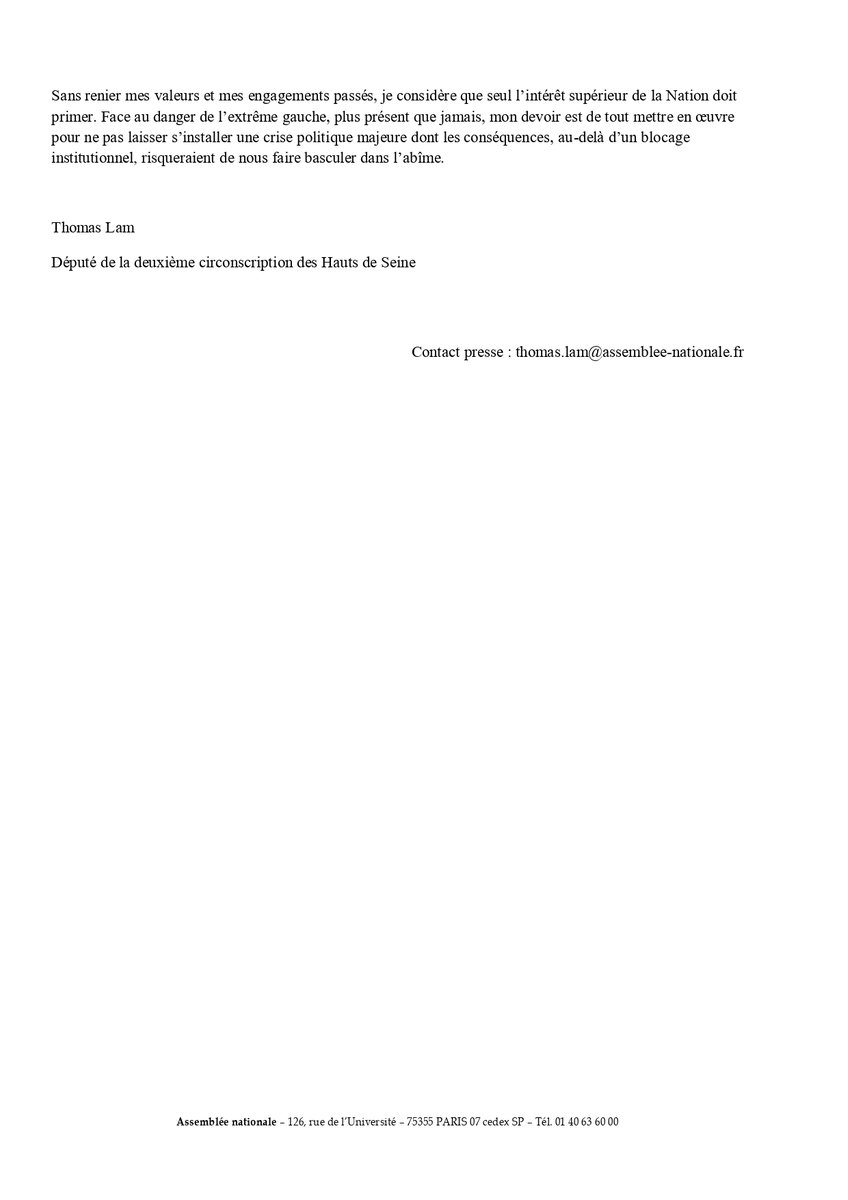 Madame, Monsieur,
J'ai décidé de siéger au sein du groupe Horizons et indépendants à l'Assemblée Nationale.
Je vous prie de bien vouloir trouver ci-joint mon communiqué de presse à ce sujet.

@Horizons_AN
