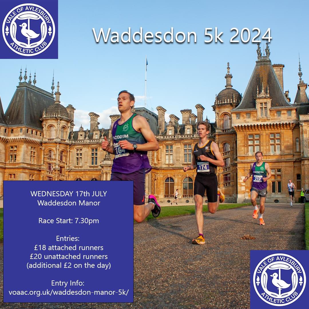 1️⃣ 1 week to Waddesdon 5k! 1️⃣

There are only 7 days to go until the Vale of Aylesbury Athletic Club’s popular Summer evening 5k race!

Link in bio for race entry.

<a href="/ChilternHarrier/">Chiltern Harriers AC</a> <a href="/StAlbanStriders/">St Albans Striders</a> <a href="/DacorumAC/">Dacorum AC</a> <a href="/ThameRunners/">Thame Runners</a> <a href="/Alchesterunclub/">Alchester RC</a> 

#voaac
#waddesdon
#roadrace