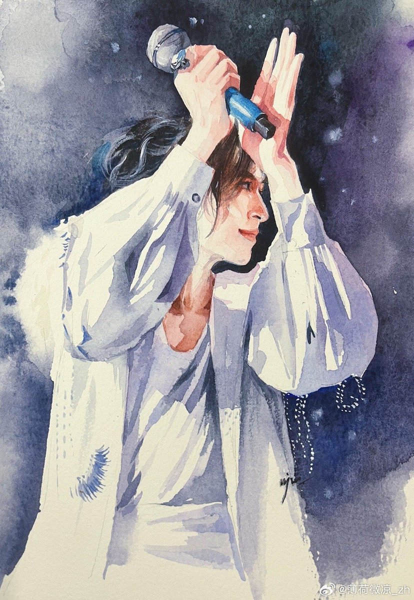 Another watercolor painting from Weibo:薄荷微凉. Which do you prefer? I love all her paintings of #ZhangZhehan #張哲瀚 #张哲瀚 He looks like fairy on the stage.