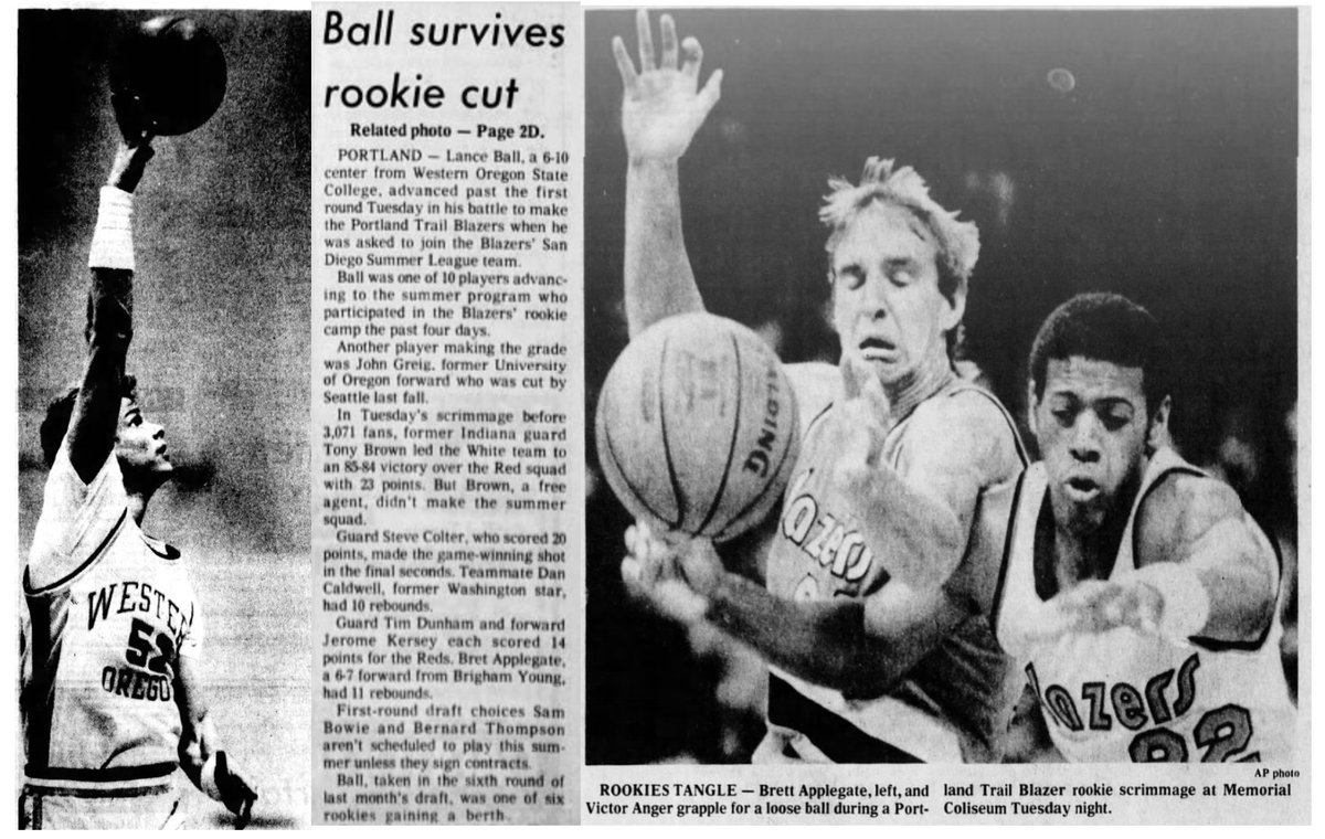 77Blazers's tweet photo. July 10, 1984 - The @trailblazers rookie camp concluded with a tight, competitive game that ended on a last-second shot by rookie #SteveColter to give the White Team an 85-84 win against the Red Team in front of 3,071 fans.
Colter, a second round pick from @nmsu, finished with 20 points and earned a spot on the #Blazers #SummerLeague roster. #DanCaldwell of @UW added 16 more points and 10 rebounds for the White squad and will join Colter in #LosAngeles. #TonyBrown of @IUHoosiers led all scorers with 23 points, but was not invited to join the summer squad.
For the Red Team, @JeromeKersey25 from @longwoodu and #TimDunham of @SwordsMBB each scored 14 points and earned roster spots in Los Angeles as well. Kersey, attended @longwoodu, while Dunham is from @SwordsMBB.
A surprise player to earn a run in the Summer League is #LanceBall who attended @WesternOregonU. Ball averaged 15.7 points and 9.6 rebounds for the #NAIA #Wolves.
#RipCity #ThisDateinBlazersHistory