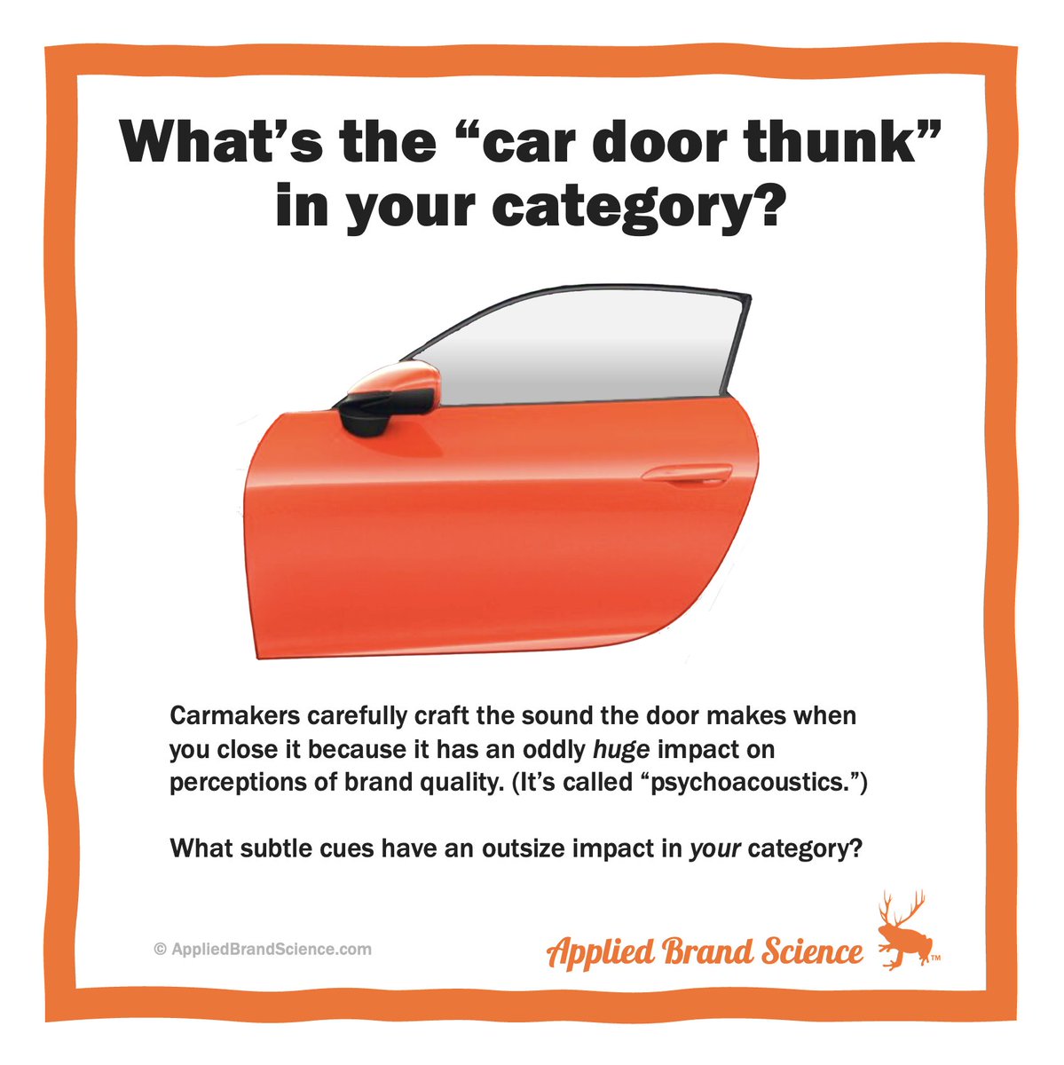 ehdecker's tweet photo. WHAT’S THE “CAR DOOR THUNK” IN YOUR CATEGORY?
Subscribe to the Irregular News at AppliedBrandScience com/signup
Sign up for the Interactive Intro to the Laws & Levers at AppliedBrandScience com/products
#brandscience #marketing #consumerpsychology https://t.co/VexYzRej2M