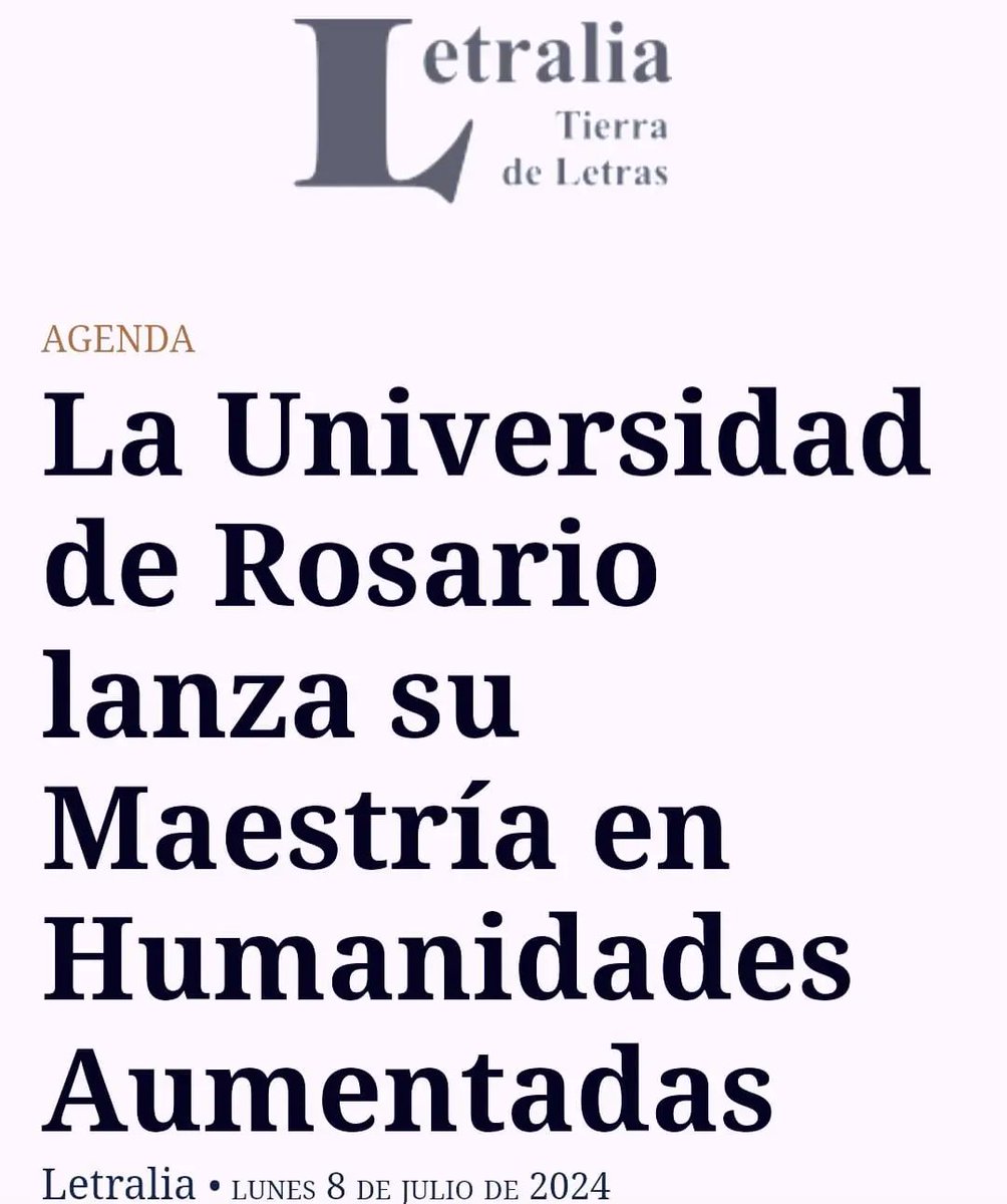 La revista Letralia anuncia la apertura de la Maestría en Humanidades Aumentadas de la UNR/ CEI.

📔Nota completa aquí: letralia.com/agenda/2024/07… 

🪼Inscripciones abiertas hasta el 31 de julio. Pueden consultar por mensaje privado o a humanidadesuamentadas@unr.edu.ar