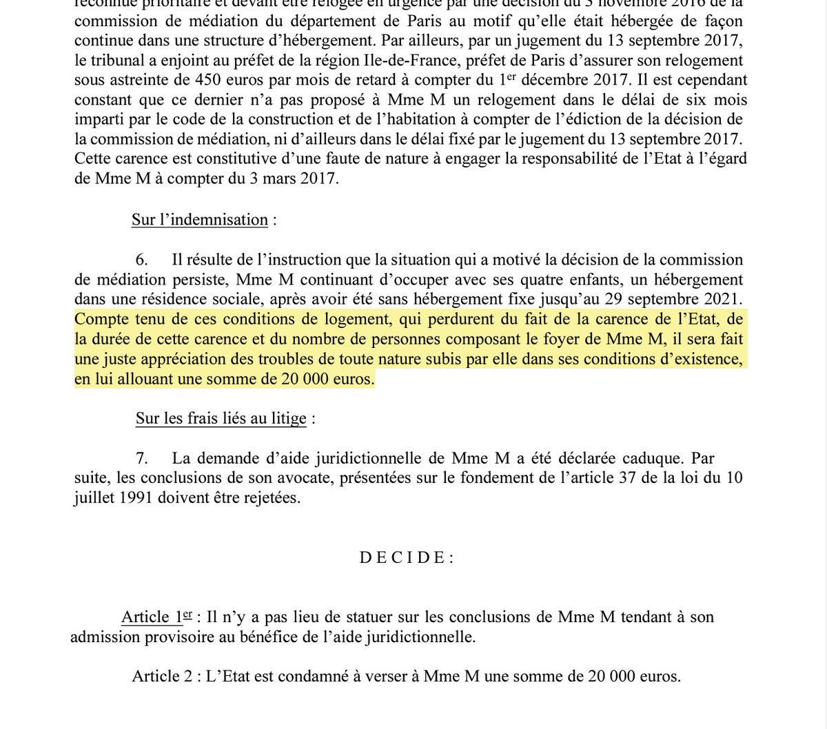 L’État condamné par le Tribunal administratif à verser 20 000 € d'indemnisation à une mère et ses 4 enfants (accompagnés par l'<a href="/AssoDalo/">Association DALO</a> ) pour absence de relogement depuis mars 2017. Quand sera-t-elle enfin relogée?