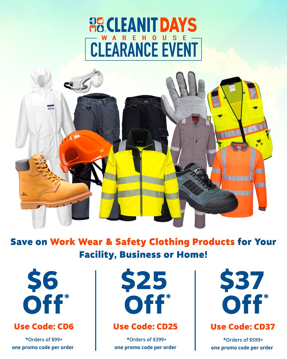 Save Big on Work Wear &amp; Safety Clothing Products During Our CleanIt Days Warehouse Clearance Event!

Limited Time Price Reductions on 1000's of Top Wholesale Products Plus Choose Big Savings Off Your Order! - Hurry, Offers for a Limited Time Only

cleanitsupply.com/c-1602/work-we…