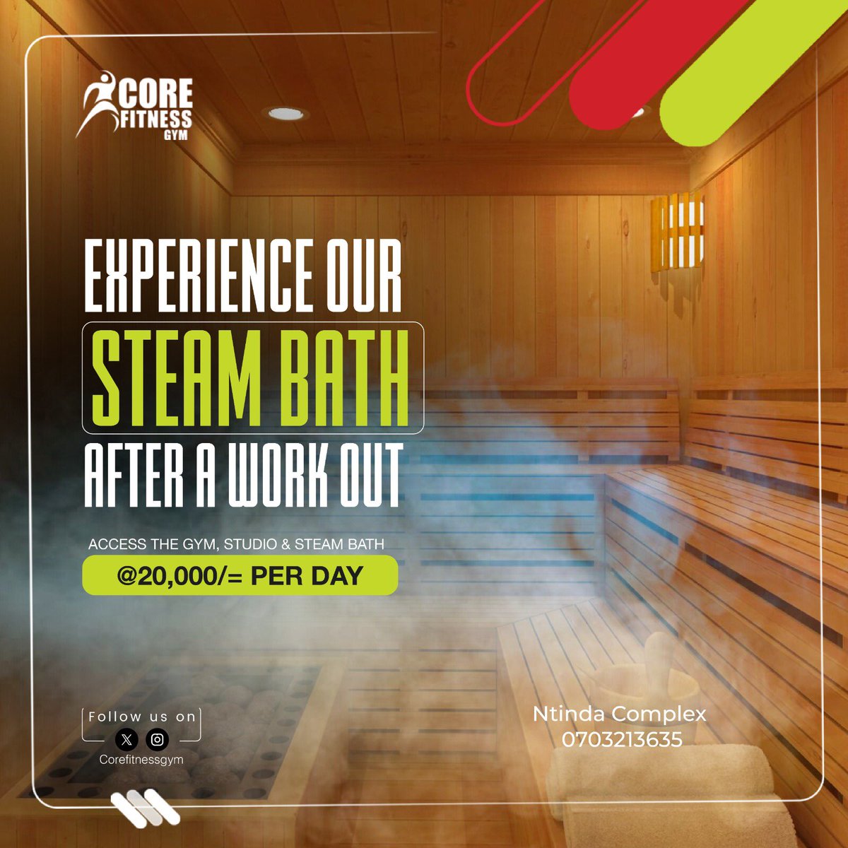 corefitnessgym_'s tweet photo. Did you know that a steam bath opens your pores, improves circulation, and melts away stress. It’s Perfect for rejuvenating your body and mind.
Join our steam bath today!
📍Ntinda complex
📞0703213635
SteamBath #Entebbe #BrunoBetty Detox gym #At16 https://t.co/SqKzgyZATp