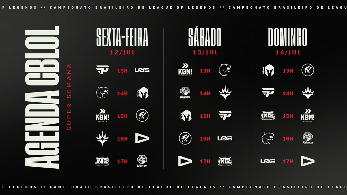 CBLOL's tweet photo. 15 jogos, momento decisivo do #CBLOL, rumo aos Playoffs 😎

Não perca a Super Semana a partir de sexta-feira, às 13h, ao vivo em nossos canais

E já fica aquela pergunta: quem vai sair 3-0? 🧐 https://t.co/1axLwrjKik