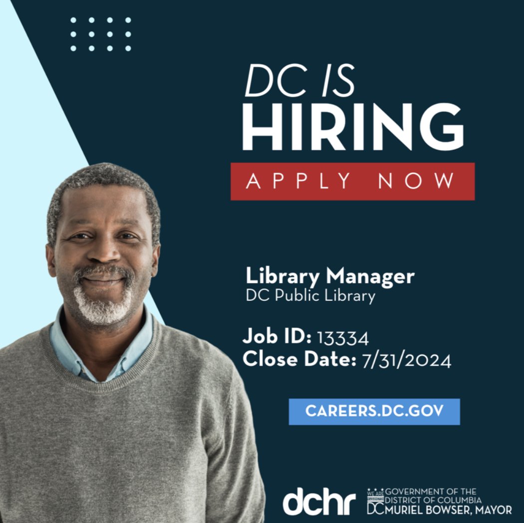dchrDC's tweet photo. Do you enjoy the library and have strong customer service skills? The DC Public Library is looking for a Library Manager. To apply for this position and more visit https://t.co/OJnGJAOY38 #DCGov #DCIsHiring #dcjobs #washingtonian https://t.co/idNTwSd6jD
