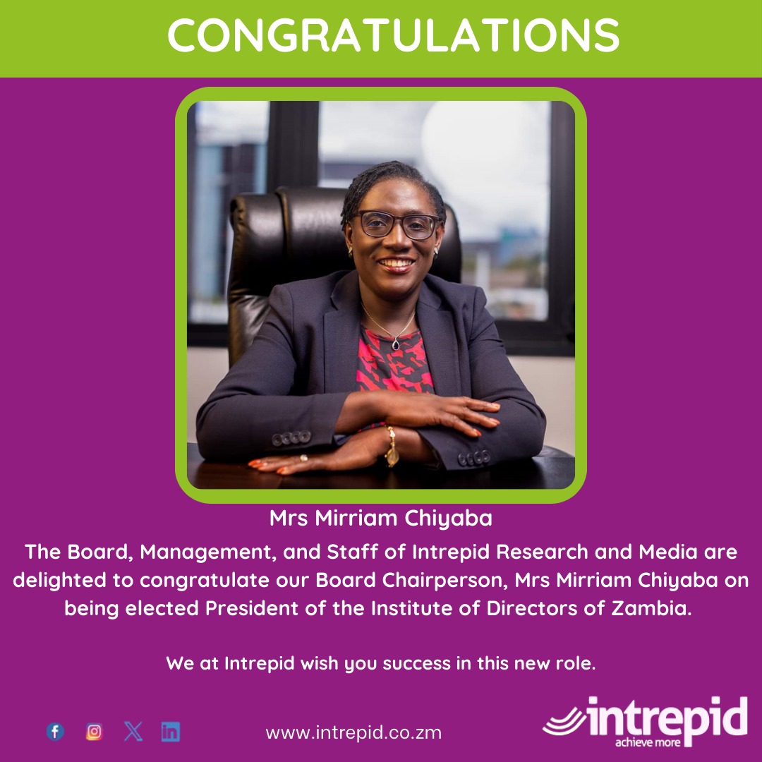 MediaIntrepid's tweet photo. We are delighted to congratulate our Board Chairperson,  Mrs Mirriam Chiyaba on being elected President of the Institute of Directors of Zambia. https://t.co/bt6yQW0d56