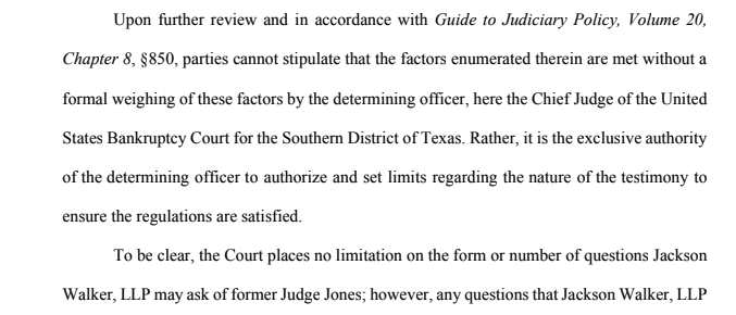 dakincampbell's tweet image. Well, maybe David Jones won't be deposed. Or at least there will be limits to the questions he'll be asked.
SDTX's chief judge, who signed the original stipulation, has seemingly changed his mind.
Jackson Walker must make it's case in a mid-July hearing.