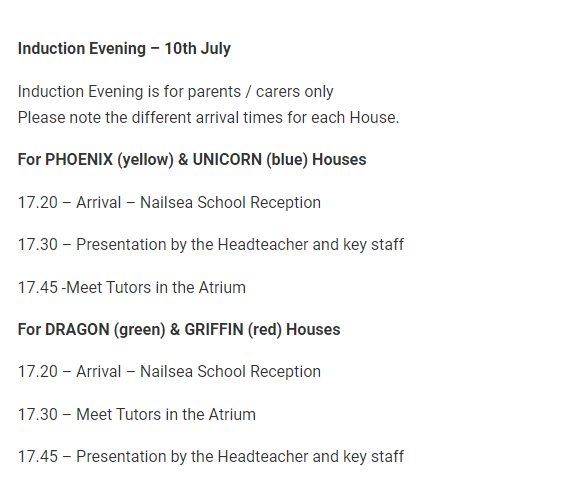 We've had a great Induction day with our Year 6 students today, and we're looking forward to meeting our Year 6 Parent and Carers this evening. Timings below - see you then. #TeamNailsea #WelcomeAlong