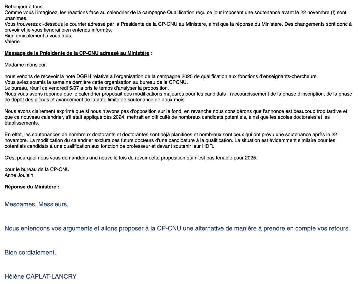 deyris_j's tweet photo. @JulienGossa @RomainHG @Clement_Laforge Pour info, voilà ce que la directrice de mon ancien labo nous a envoyé il y a quelques minutes : 

Il semble donc qu'on puisse donc espérer un rétropédalage https://t.co/hH97nU1cAB