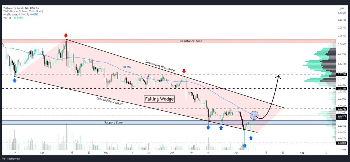 #VET 🚀

📉 VeChain forming falling wedge on 12H timeframe.

📈 Breakout above MA 50? Expect a 50-60% price surge!

What are your thoughts on $VET's next move? 💭👇

#Crypto #Trading #Altcoins
