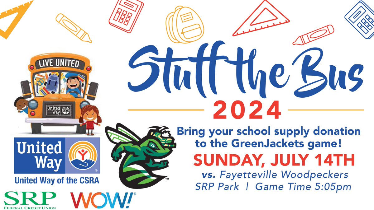 We're partnering with SRP Federal Credit Union and <a href="/WOW_WAY/">WOW!</a>  to Stuff the Bus for the <a href="/UnitedWayCSRA/">United Way of CSRA</a>!
Bring new school supplies to our Sunday, July 14th game to be donated to local students for the new school year! 

🔗 atmilb.com/4bBPWoL
🎟 bit.ly/AGJ_Buzz_Pass