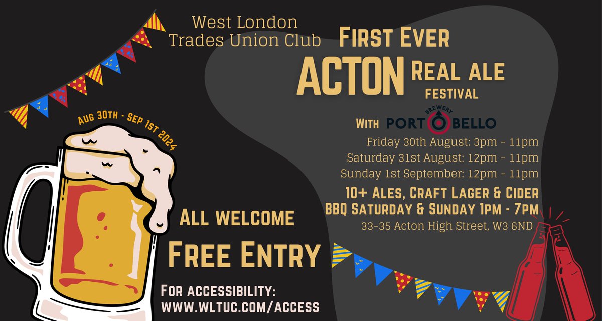 33ActonHighSt's tweet photo. Later this Summer, the Club will be hostng the first Acton Real Ale Festival, from 3pm on Friday 30th August to last orders on Sunday 1st September.
Save the date(s)! 
🍻

#ActonRealAleFestival https://t.co/zcYIftJ17Q