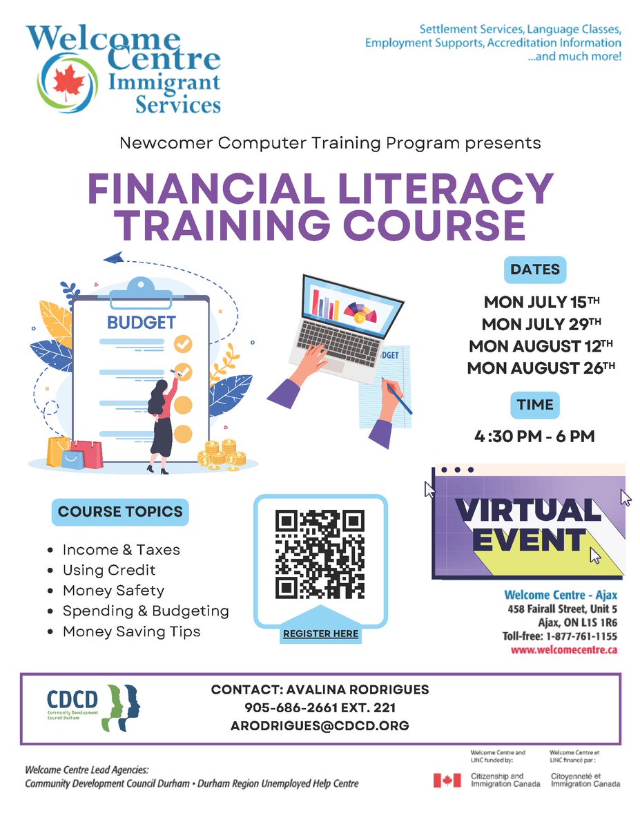 durham_york's tweet photo. The Financial Literacy Training Course is a 4-session workshop for Newcomers that will focus on topics such as:

- Income &amp; Taxes
- Using Credit
- Money Safety
- Spending &amp; Budgeting
- Money Saving Tips

Contact us today!

🗓️July 15 &amp; 29, August 12 &amp; 26
🕒4:30 - 6:00 PM
📍Online https://t.co/FbPAitRZgi