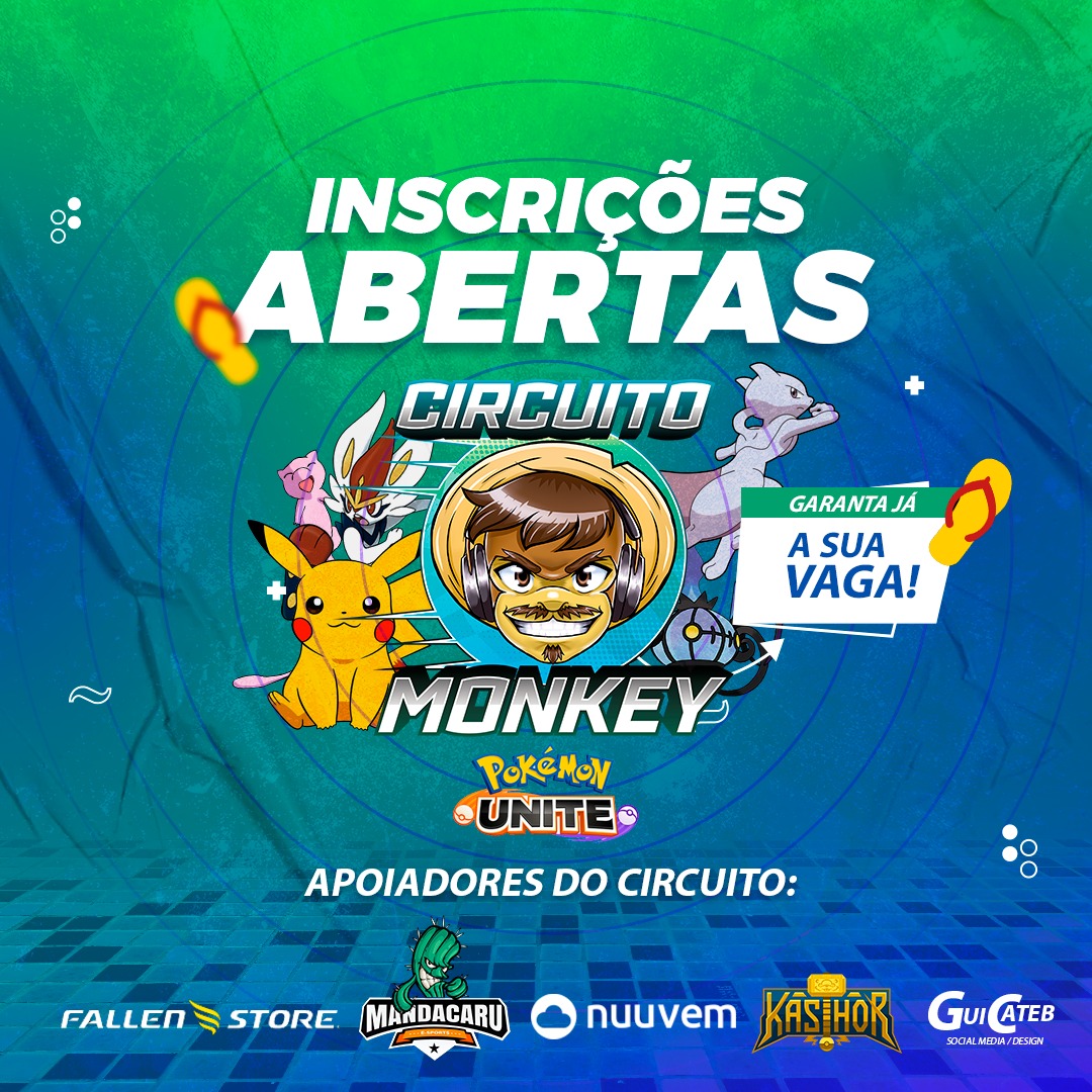 🚨🚨 ATENÇÃO 🚨🚨
Saiu as inscrições para o 2º Circuito Monkey!
Não perca tempo e já cadastre seu time e venha participar da maior festa de Pokémon Unite do Brasil!
Inscrições fecham 12:00 de sábado dia 20/07
🐵bit.ly/circuitomonkey 🐵

#circuitomonkey