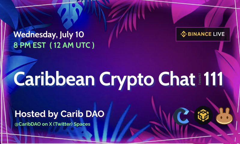 CaribDAO's tweet image. C𝐚r𝐢b𝐛e𝐚n C𝐫y𝐩t𝐨 𝐂h𝐚t 111 🏖️

🕗 TONIGHT @ 8PM EST

🎙 Hosts @eezyfree @dp_carib

— Web3 Updates
— GameFi vs MemeFi
— Voting on @DexeNetwork 
— Workshops

🎗Participate ⤵️


🎁 Watch-to-earn ⤵️
binance.com/en/live/video?…

#FinanceTwitterJA #BrickTalk