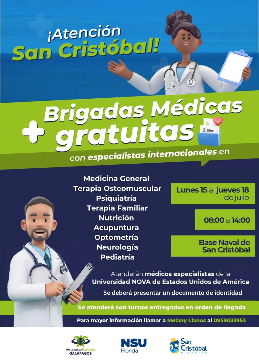 aerogalapagos's tweet photo. ¡Las brigadas médicas de #ECOGAL van por 2da. vez a #SanCristobal #Galápagos!
🩺 Médicos especialistas de la Universidad @NSUFlorida #USA, atenderán de forma gratuita en varias especialidades
Junto al @sancristobalgad nos unimos por el bienestar de la comunidad
Los detalles 👇 https://t.co/8yUbxIGA6m