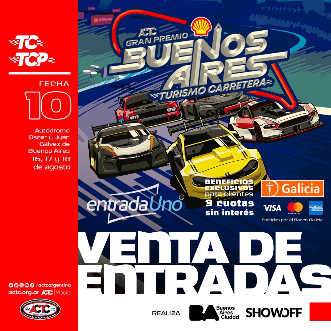 actcargentina's tweet photo. A partir de hoy ya está disponible la venta online de entradas para el GP Buenos Aires Shell 🚨

🎫 Ingresando al link de nuestra bio, adquirí tu entrada anticipada para la 10° fecha del Campeonato RUS TC y TC Pista 🏁

👉🏼 https://t.co/JZlx8npIup https://t.co/4xvDMm30rz
