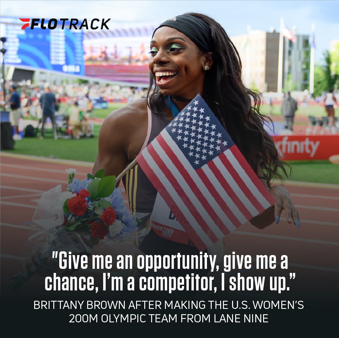 FloTrack's tweet photo. After winning the women's 200m at Diamond League Oslo from lane eight, Brittany Brown said she felt she deserved a better lane.

Not a month later, the Track Gods may have had a sense of humor, because Brown found herself in the women's 200m final at the Olympic Trials in lane nine this time. 

But she took it in stride, clocking a 21.90 (+0.6) PR to book her trip to the Olympics.

More on Brown's positive karma that has now taken her to Paris: https://t.co/G1kLCUj5Hs
