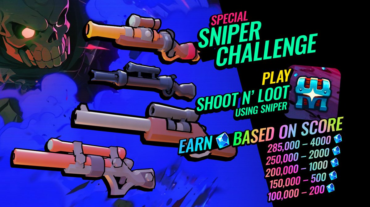 🎯Wednesday Sniper Challenge is here to help you top your gem balance! 

RULES ARE SIMPLE:
✅ RT + Like
🎯 Play Shoot n' Loot on any difficulty using SNIPER RIFLE 
📷 Snap your high score and post it in the comments!

You’ve got 24H⏲️

REWARDS:
🏆 285,000 points – 4000💎
🏅