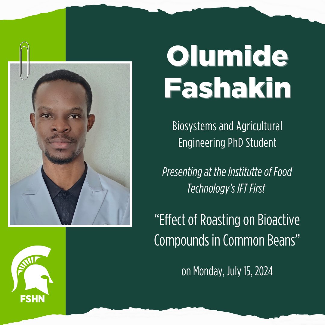 Olumide Fashakin, who is working with Dr. Ilce Medina-Meza, will be presenting "Effect of Roasting on Bioactive Compounds in Common Beans" at the annual event and expo <a href="/IFT/">Institute of Food Technologists (IFT)</a> First on 7/15. The summer isn't over yet! More conference presentations coming up! #AcademicLife #Research
