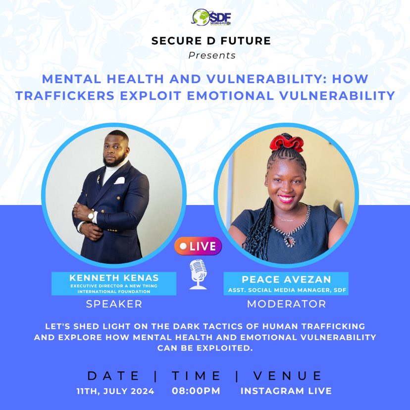 A NEWTHING WORLDWIDE (@ant_worldwide) on Twitter photo We are inviting you to join us Tomorrow for a Powerful Conversation On INSTAGRAM LIVE
MENTAL HEALTH AND VULNERABILITY: HOW TRAFFICKERS EXPLOIT EMOTIONAL VULNERABILITY
Guest: <a href="/SOS_KENAS/">KENNETH KENAS ANETOR</a>
Host: <a href="/JenchatAvezan/">Jenchat the non-practicing baddie✨️</a>
cc:<a href="/sdfinitiative/">SDFinitiative</a> We are inviting you to join us Tomorrow for a Powerful Conversation On INSTAGRAM LIVE
MENTAL HEALTH AND VULNERABILITY: HOW TRAFFICKERS EXPLOIT EMOTIONAL VULNERABILITY
Guest: <a href="/SOS_KENAS/">KENNETH KENAS ANETOR</a>
Host: <a href="/JenchatAvezan/">Jenchat the non-practicing baddie✨️</a>
cc:<a href="/sdfinitiative/">SDFinitiative</a>