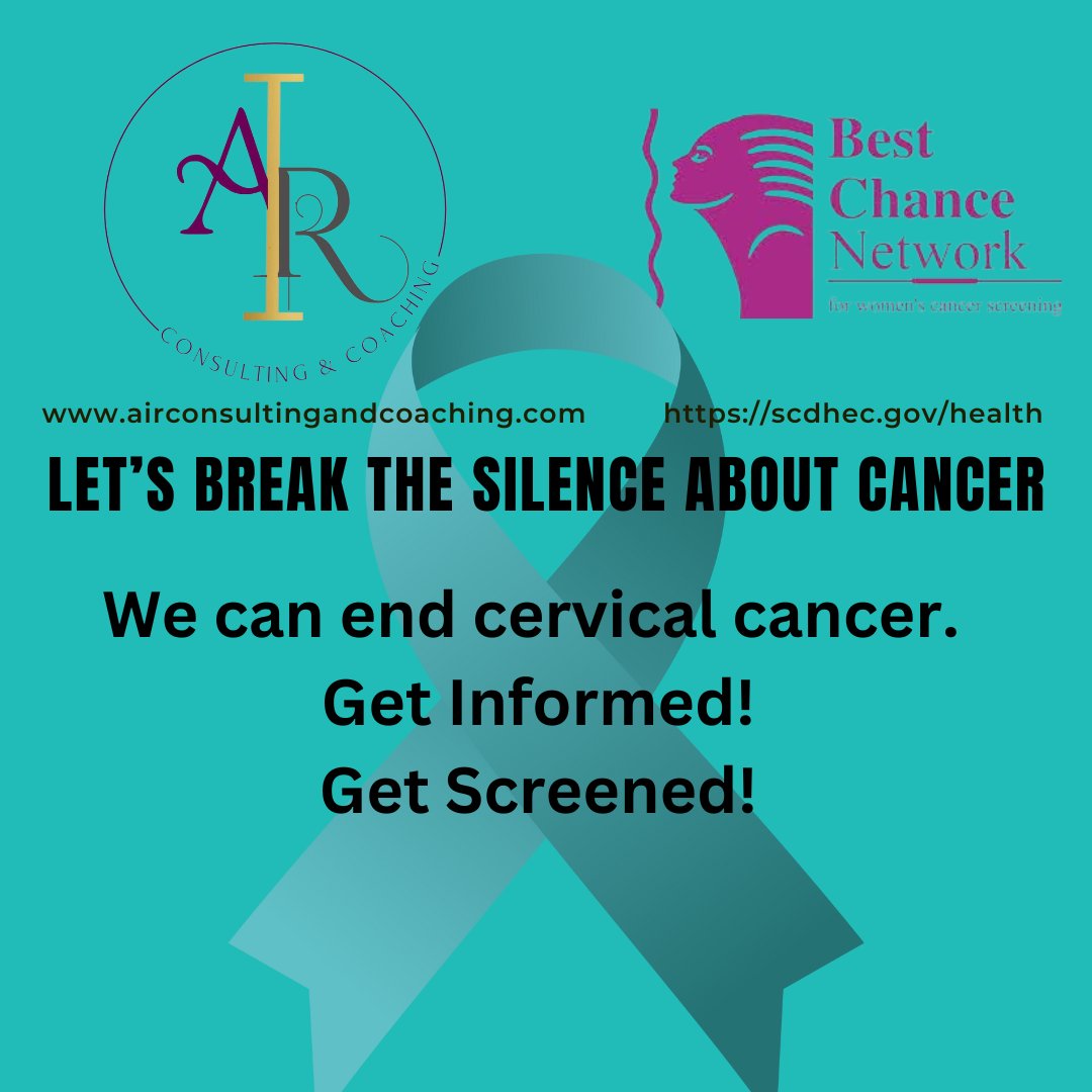 airconsultllc's tweet image. Did you know? Early detection significantly increases survival rates for cervical and breast cancer. Get screened and stay informed. 💪 #AIRConsulting #BestChanceNetwork #DHEC #EarlyDetectionSavesLives