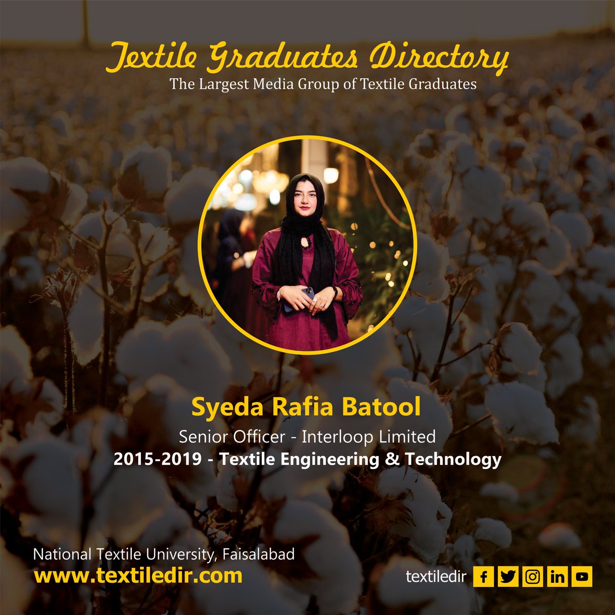 Textiledir's tweet photo. Join us in welcoming Syeda Rafia Batool to https://t.co/dICewdXUlz; the premier online hub for textile enthusiasts and professionals! As the largest digital media platform for textile graduates, we offer engaging content and valuable connections. 

#textiledirectory https://t.co/On7di2e7GF