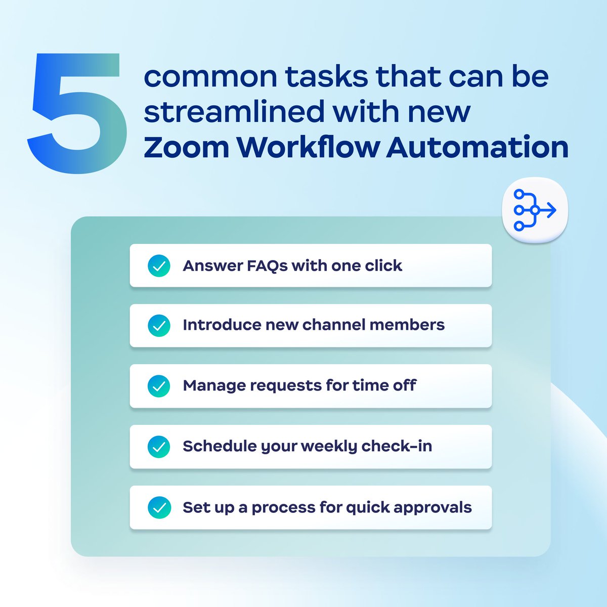 Save your team hours with automated workflows for these 5️⃣ common tasks in Zoom Workplace 👉 zm.me/3WiW67N

Zoom Workflow Automation, now in beta, allows you to automate your routine tasks and put time back in your day for more meaningful work ⏰

Workflow Automation