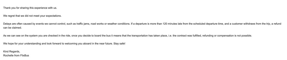 AlexPhile's tweet photo. What a shame @FlixBus_USA_CA @FlixBus ... 7h30 delay on a highway with a pregnant woman, no water, no food ...

The cause of the delay was due to a malfunctioning part in your bus... it took 7 hours and 30 minutes to get a replacement bus

How can you reply something like this 😅 https://t.co/NxQJRK8O31