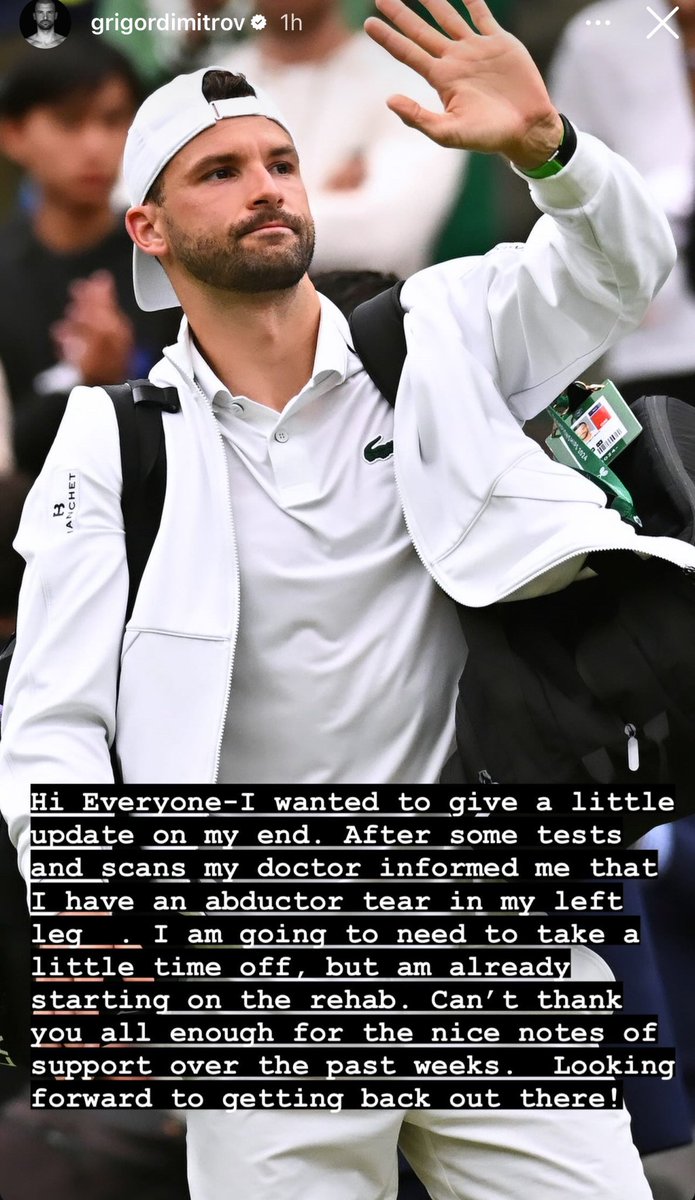 TheTennisLetter's tweet image. Grigor Dimitrov suffered an abductor tear in his left leg &amp;amp; will have to take some time off. 

He’s been playing some of the best tennis of his career this season. 

Hopefully he’s not out for too long. 

See you soon, Grigor. ❤️‍🩹