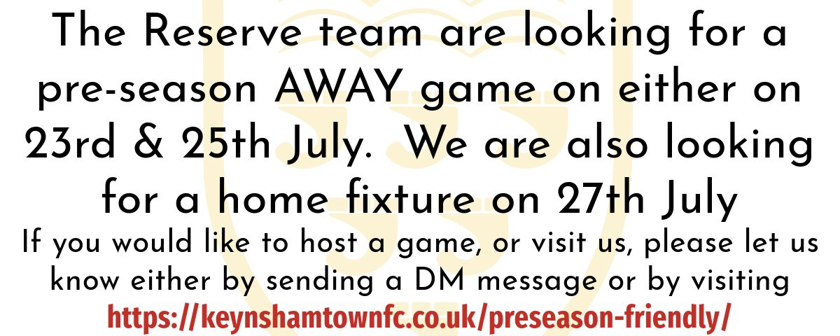 Keynsham Town FC (@keynshamtownfc) on Twitter photo <a href="/KeynshamTownRes/">Keynsham Town FC Reserves</a> are looking for an AWAY pre-season friendly on either 23rd or 25th July and can host a HOME game on 27th July.
Drop us a DM if you can accommodate a game <a href="/KeynshamTownRes/">Keynsham Town FC Reserves</a> are looking for an AWAY pre-season friendly on either 23rd or 25th July and can host a HOME game on 27th July.
Drop us a DM if you can accommodate a game