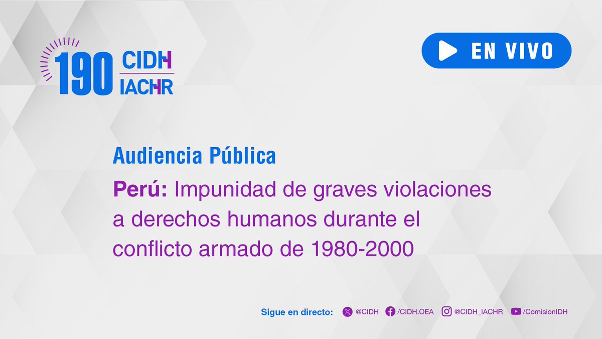 #190PeríodoCIDH: Sigue audiencia de impunidad en graves violaciones a #DerechosHumanos durante conflicto armado de 1980-2000 en #Perú. 

📹 Sintoniza: bit.ly/190ES 
💬 Register for interpretation: bit.ly/3Lc7Svv