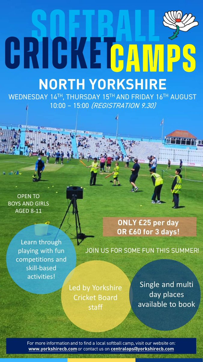 Excited for this!

<a href="/Yorkshirecb/">Yorkshire Cricket Board</a> will be running a Softball Cricket Camp this summer at <a href="/York_C_C/">York CC</a>! 🏏👏

Ran by Yorkshire Cricket Board staff -  it promises to be a memorable 3 days 🙌

Interested? ⤵️

🔗yorkshirecb.com/events/