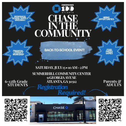 Get ready for a day of empowerment and excitement at the "Chase in the Community" Back-to-School Event! 
Join Chase Bank, the Atlanta Hawks and The Emerging 100 of Atlanta on Saturday, July 13, 2024, from 10:00 a.m. to 2:00 p.m. at the Summerhill Community Center.