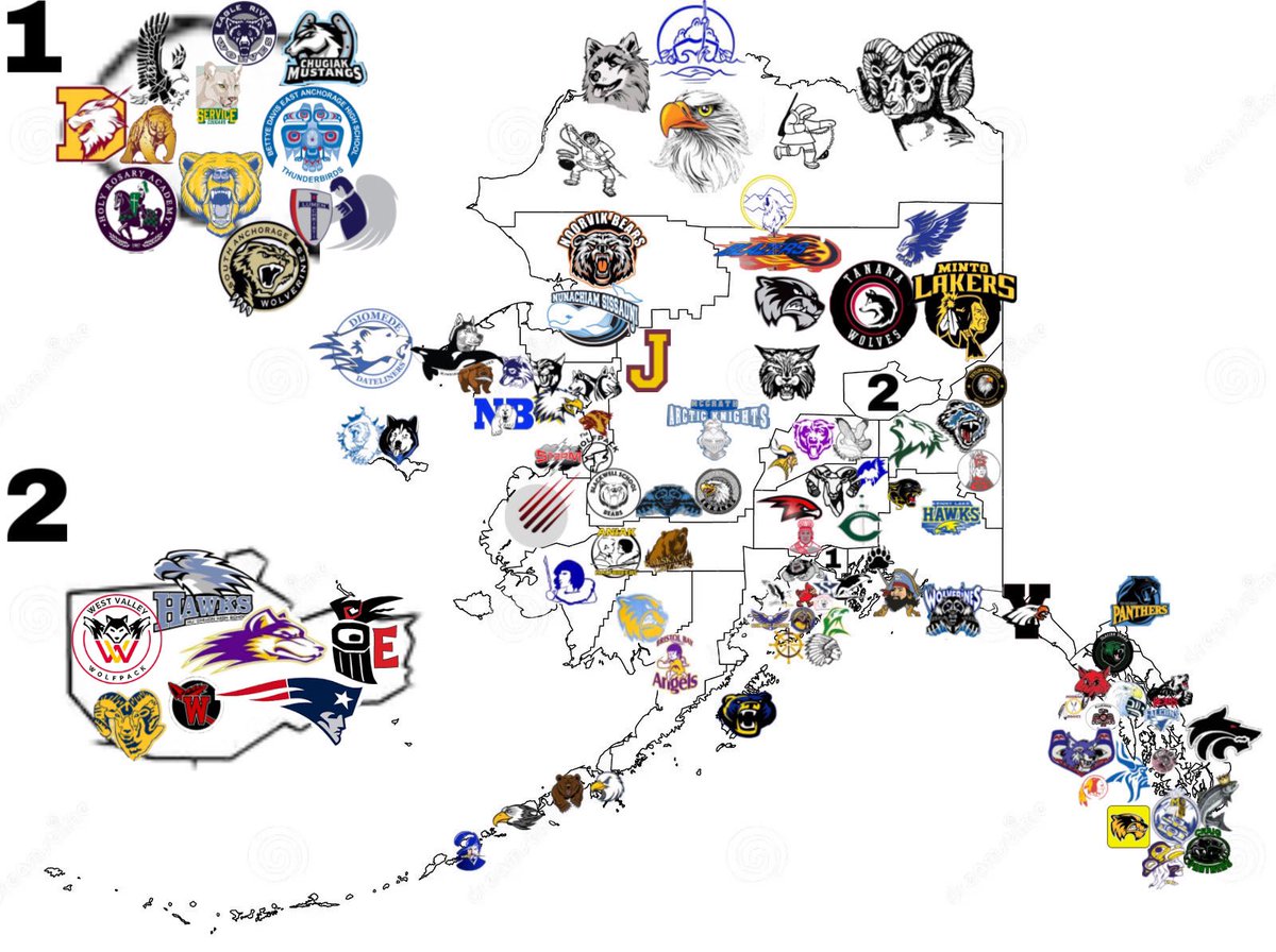 thecfbnetwork's tweet photo. I don’t know why I elected to make this on my phone, but here is every Alaska high school logo that is listed by the ASAA.

@CFBHome @SickosCommittee https://t.co/ynSNlxAngM