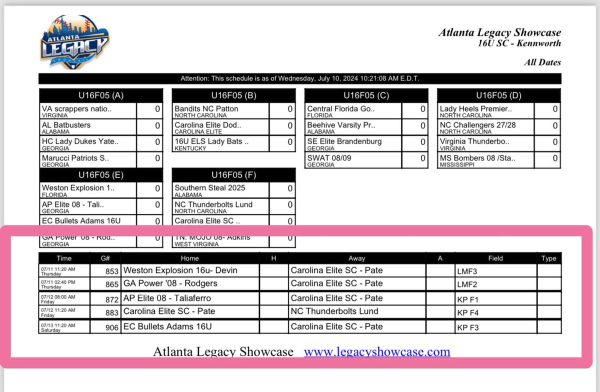 This weekend my team is playing in the Atlanta Legacy tournament and we would love for you to come out and watch! Our schedule is attached and circled in pink.