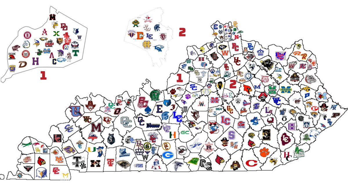 danlanningtakes's tweet photo. I have seen maps for many states, felt like the great state of Kentucky needs to be included. Here is the final high school logo map of Kentucky. All of this is according to the KHSAA. 

@CFBHome @SickosCommittee https://t.co/xCIWt2i3sx