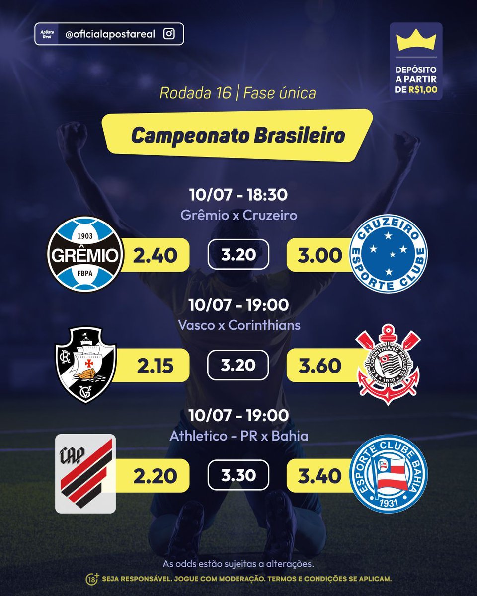 ApostaRealBR's tweet photo. 🎉 Hoje tem #Brasileirão! ⚽🔥
Aposte nos jogos de hoje com a #ApostaReal e aproveite nosso bônus de até R$800! 💰✨
Com as melhores #odds, você tem tudo para ganhar! 🚀
👉 Cadastre-se, deposite via Pix e aposte a partir de R$1!
https://t.co/snZXyJxNsS para mais #dicas! https://t.co/TvGCtd3WxP